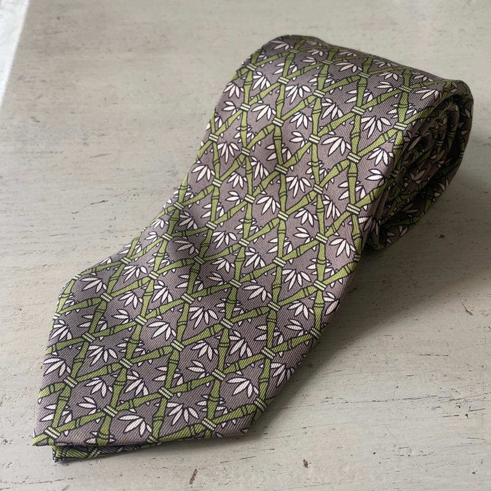 HERMES silk bamboo tie Paris France gray green white 3.25” x 56” - 7296 EA